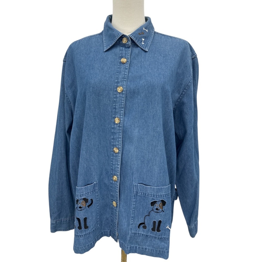 C.J. Banks Vintage Embroidered Dog Denim Shirt Jacket 14W Plus Y2K Spot‎ Puppy